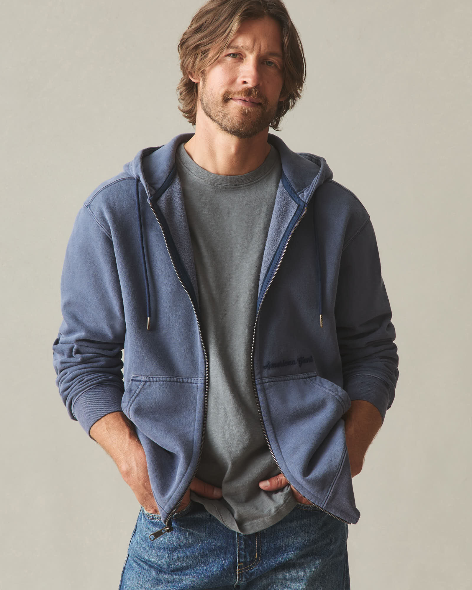 Men's Vintage Wash Relaxed Classic Full Zip - Washed True Navy - Image 3