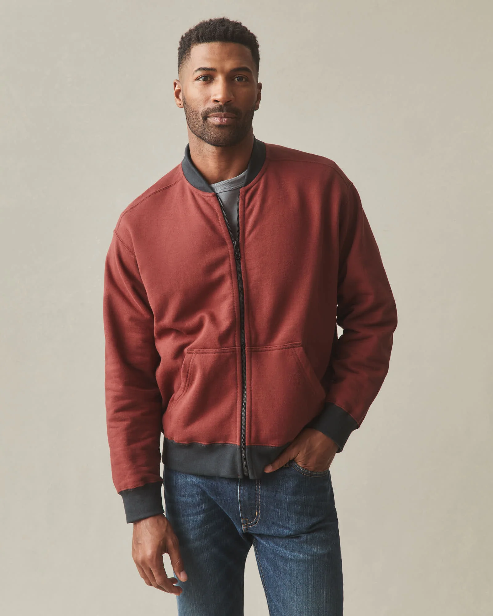 Men's Fleece Bomber Jacket - Russet Brown Black - Image 2