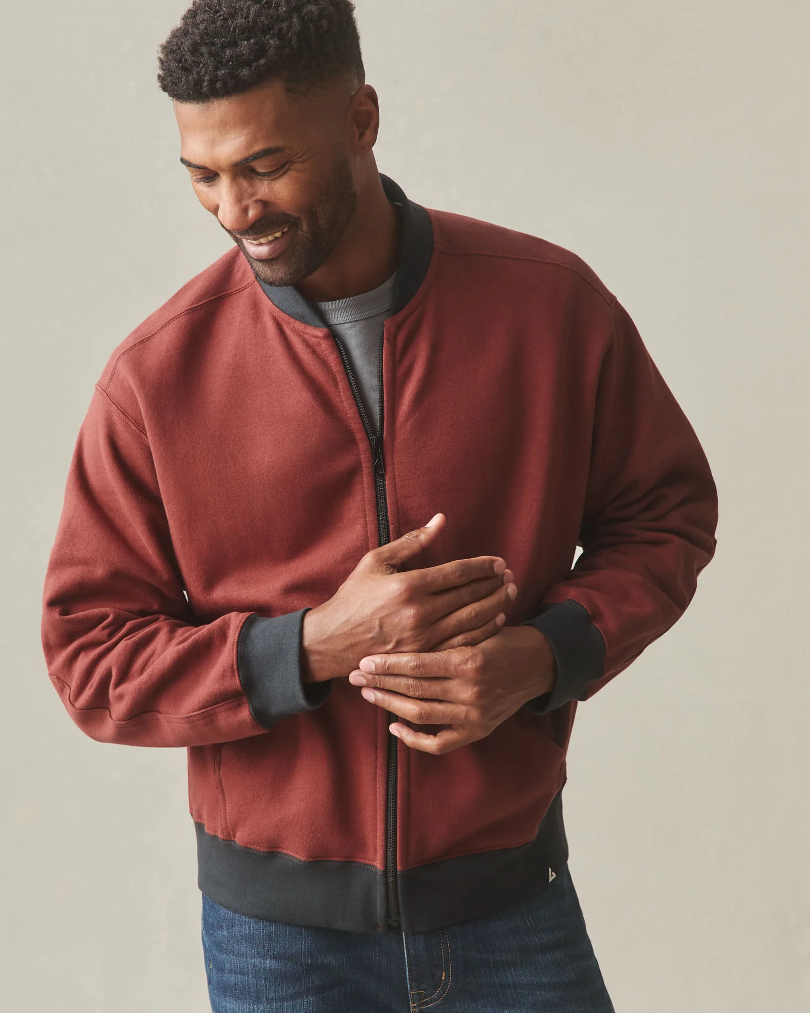 Men's Fleece Bomber Jacket - Russet Brown Black - Image 4