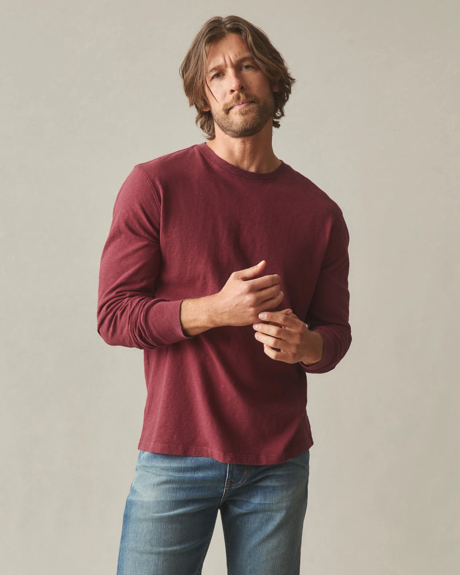 Men's Premium Slub Crew Tee Long Sleeve - Bonfire Red - Image 2