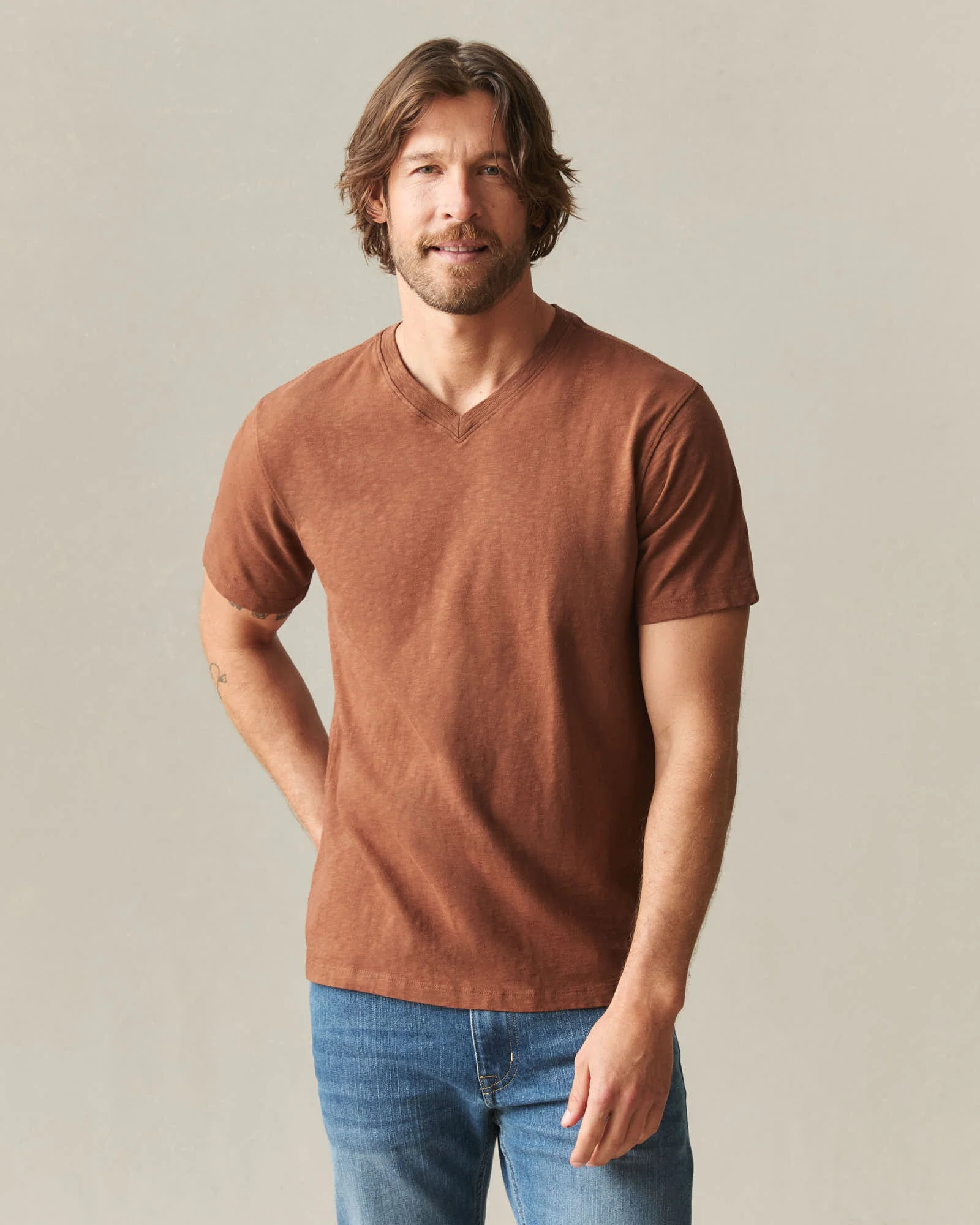 Men's Premium Slub V-Neck Tee - Cambridge Brown - Image 2