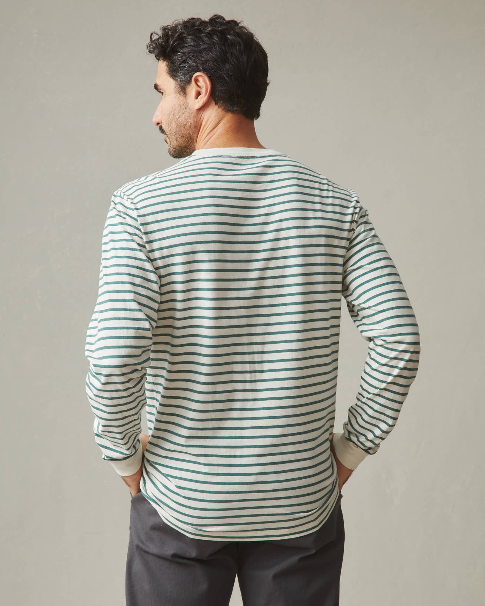 Men's Standard Crew Long Sleeve Tee - Sagebrush Green Stripe - Image 3