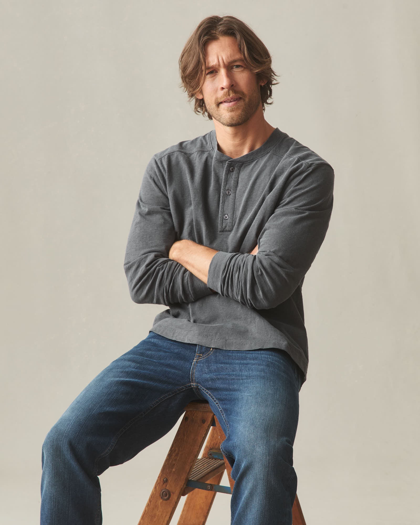 Men's Broken-In Premium Slub Long Sleeve Henley - Washed Black - Image 6
