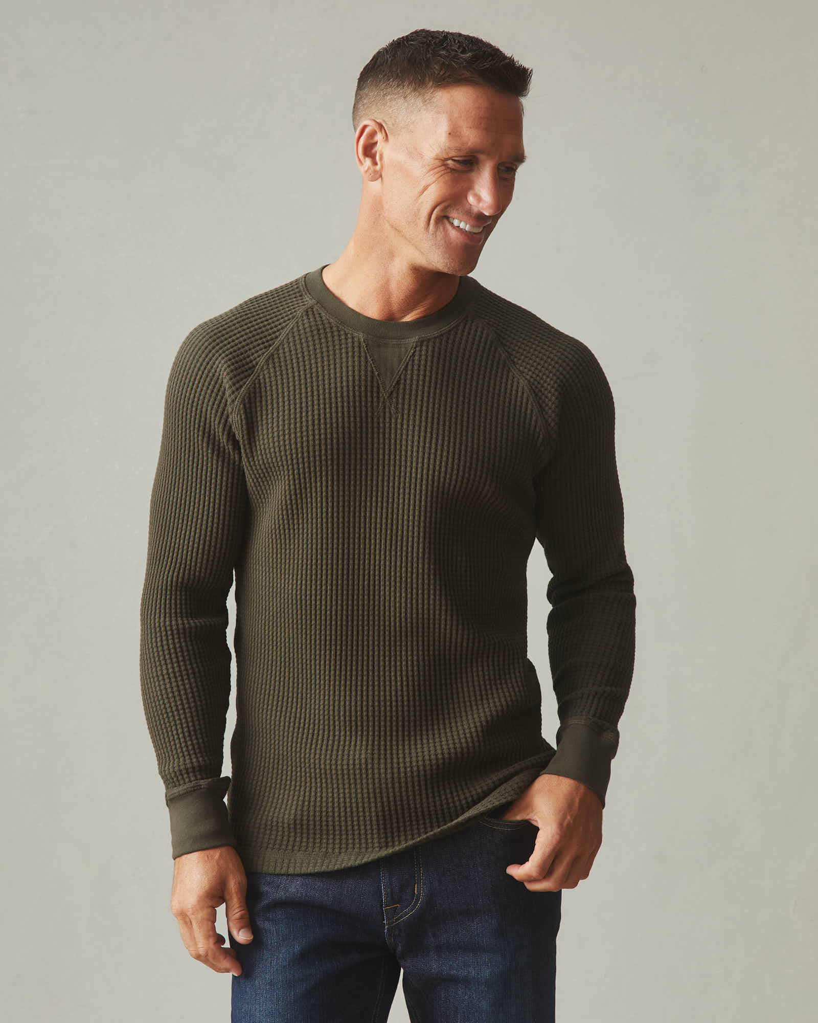 Men's Waffle Long Sleeve Crew - Deep Olive - Image 2
