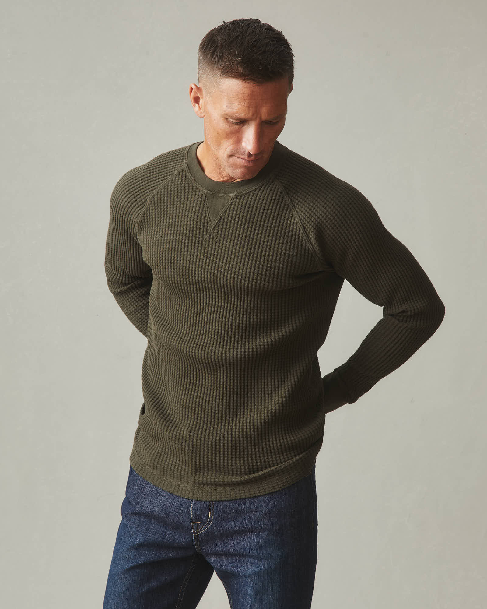 Men's Waffle Long Sleeve Crew - Deep Olive - Image 5