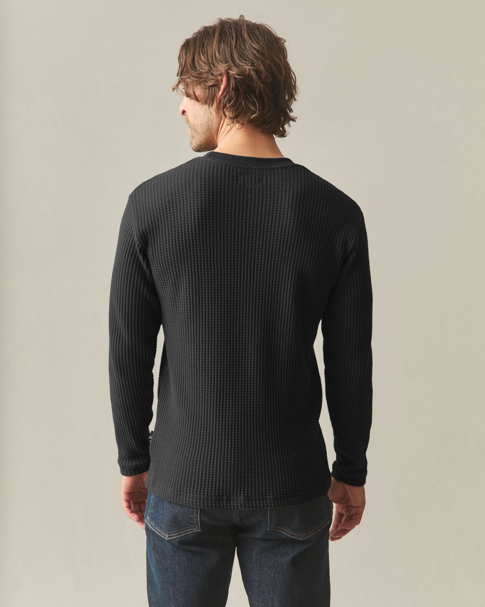 Men's Waffle Long Sleeve Crew - Black - Image 3