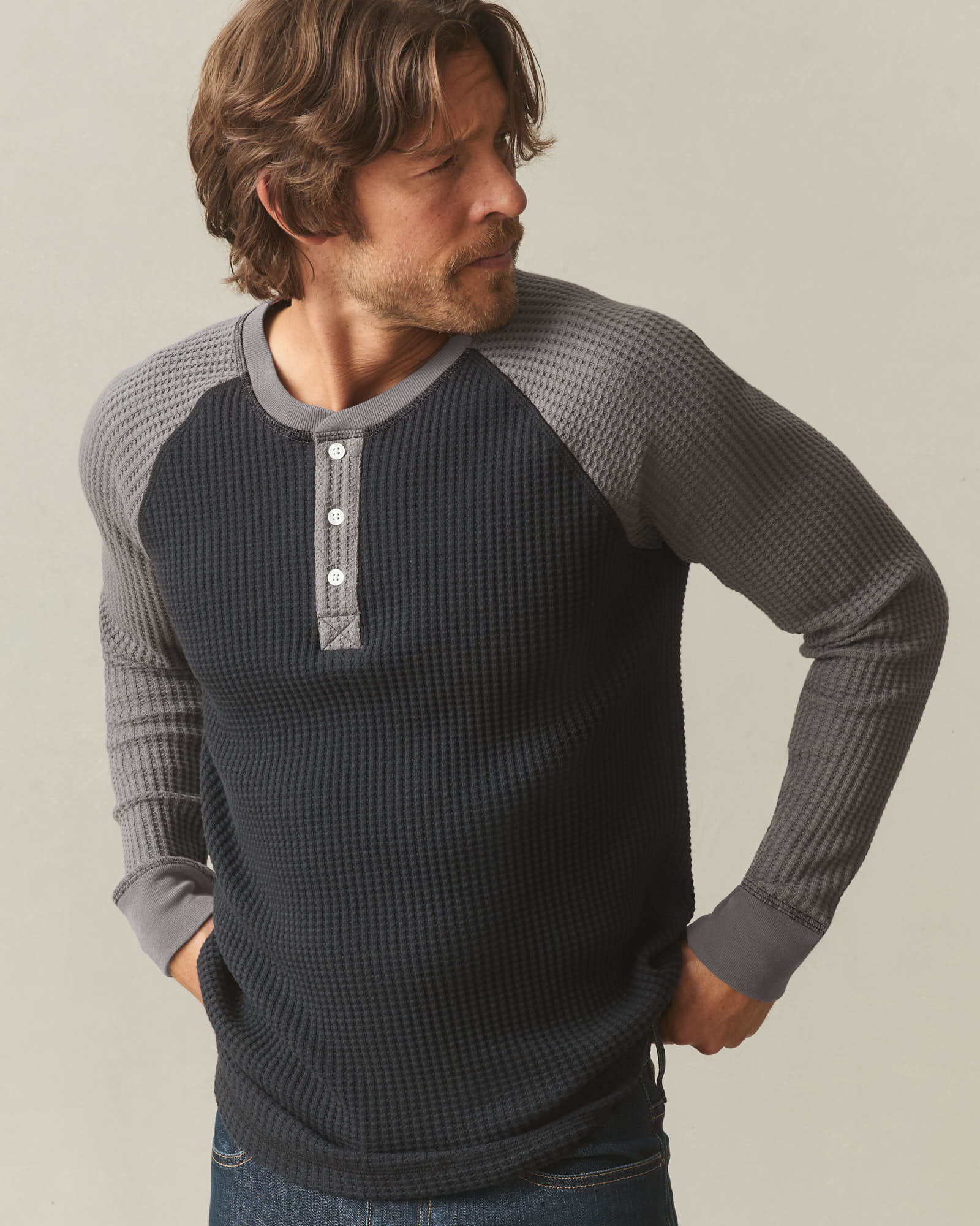 Men's Colorblock Waffle Long Sleeve Henley - Black Thunderstorm - Image 3