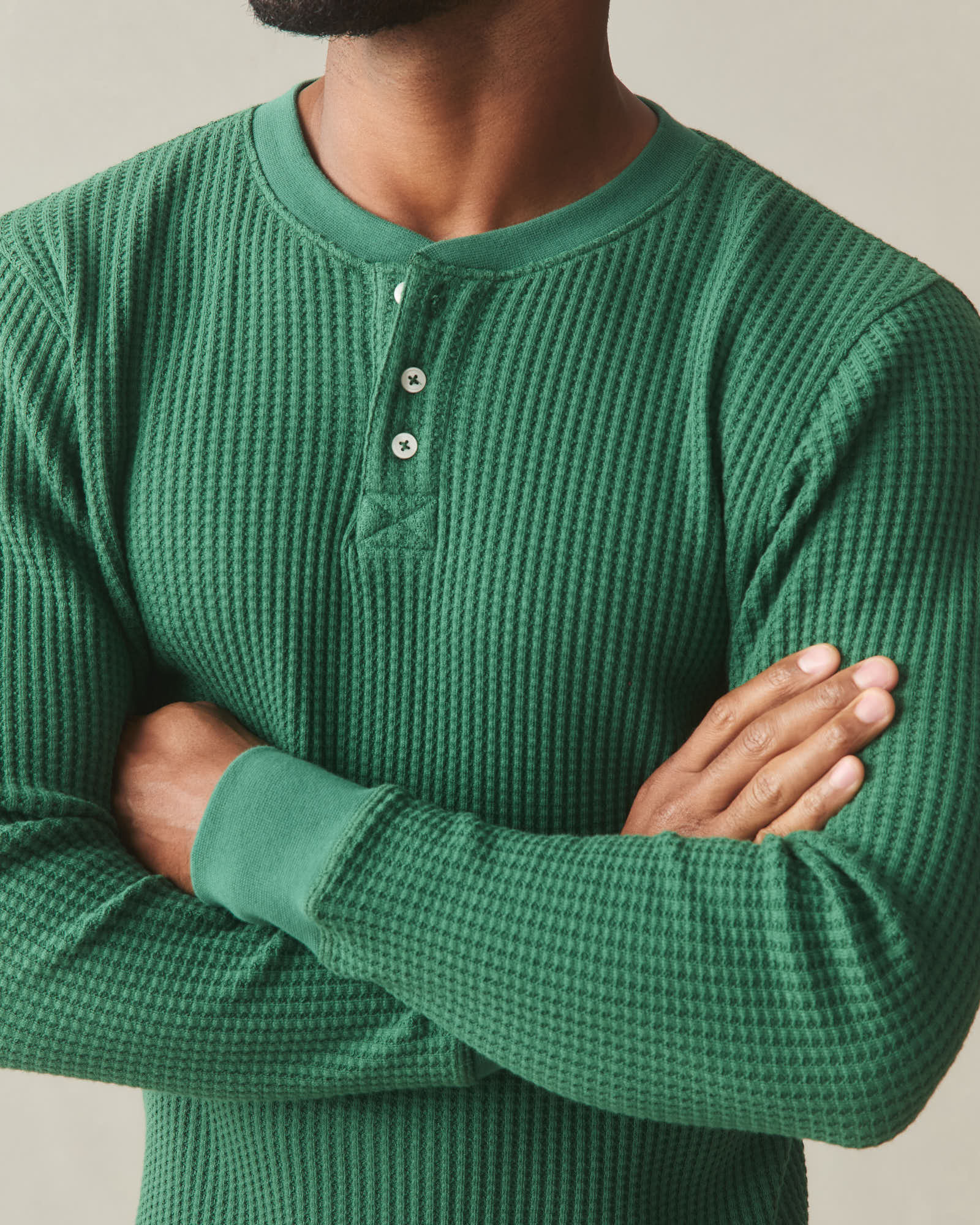 Men's Waffle Long Sleeve Henley - Hunter Green - Image 4