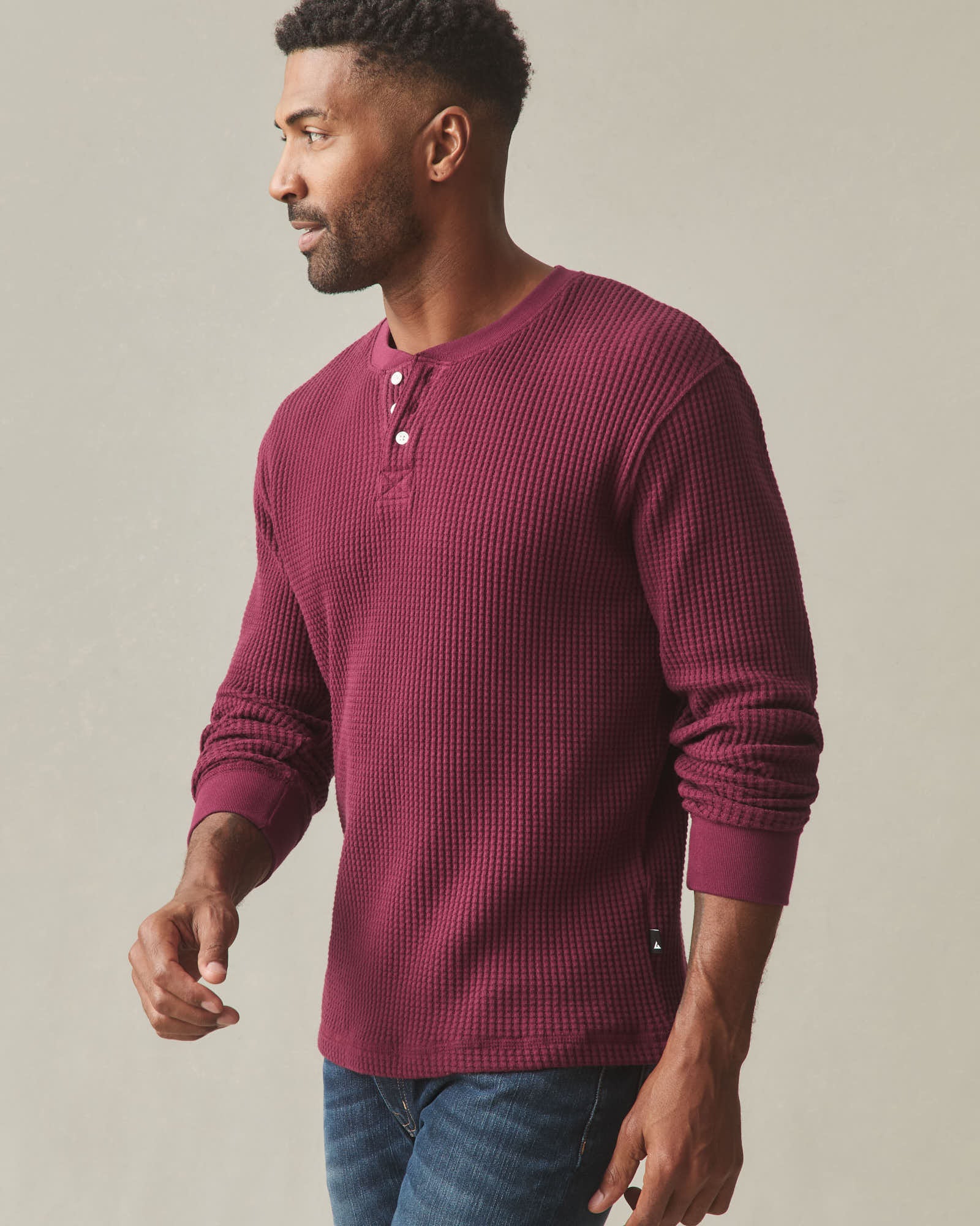 Menâs Waffle Long Sleeve Henley - Zinfandel - Image 3