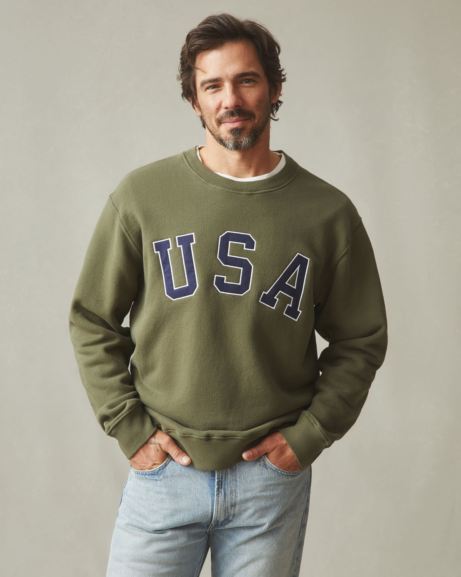 Unisex Relaxed French Terry USA Crew - Olive - Image 2