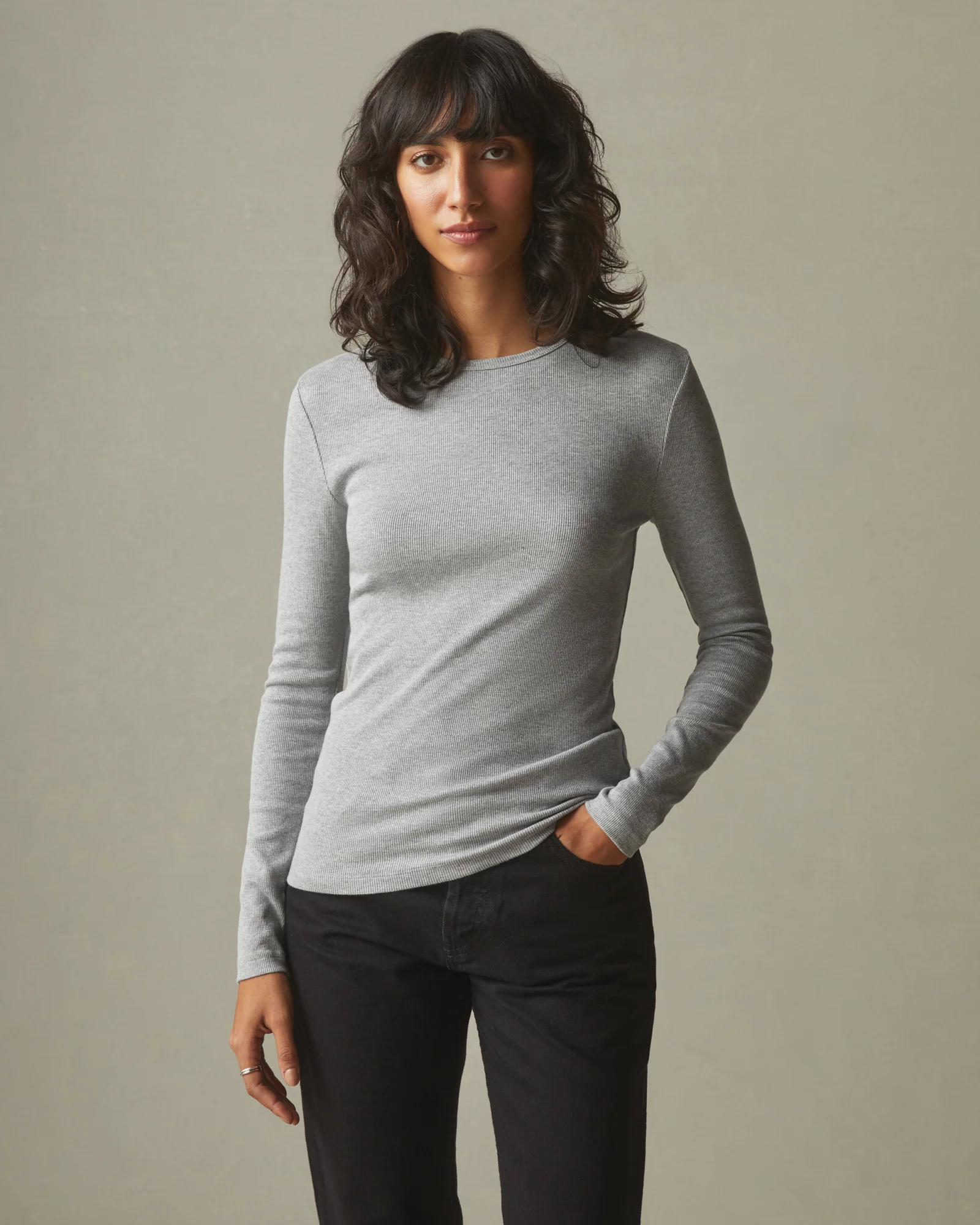 Women's Stretch Rib Crew Tee Long Sleeve - Heather Grey