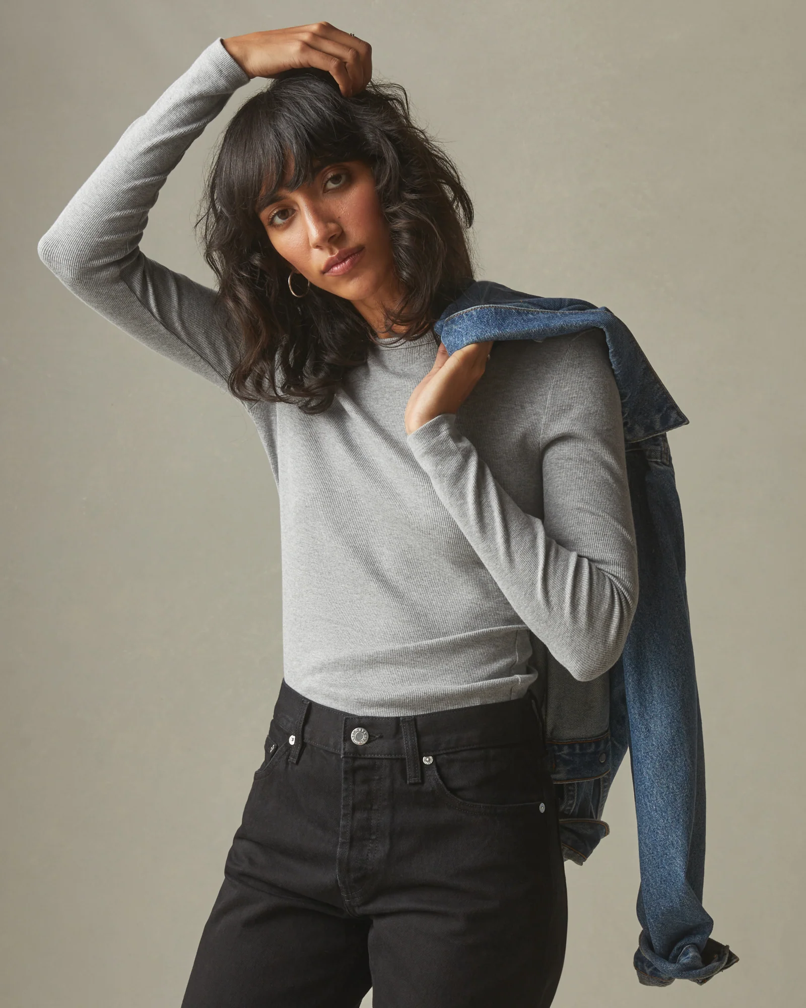 Women's Stretch Rib Crew Tee Long Sleeve - Heather Grey - Image 4