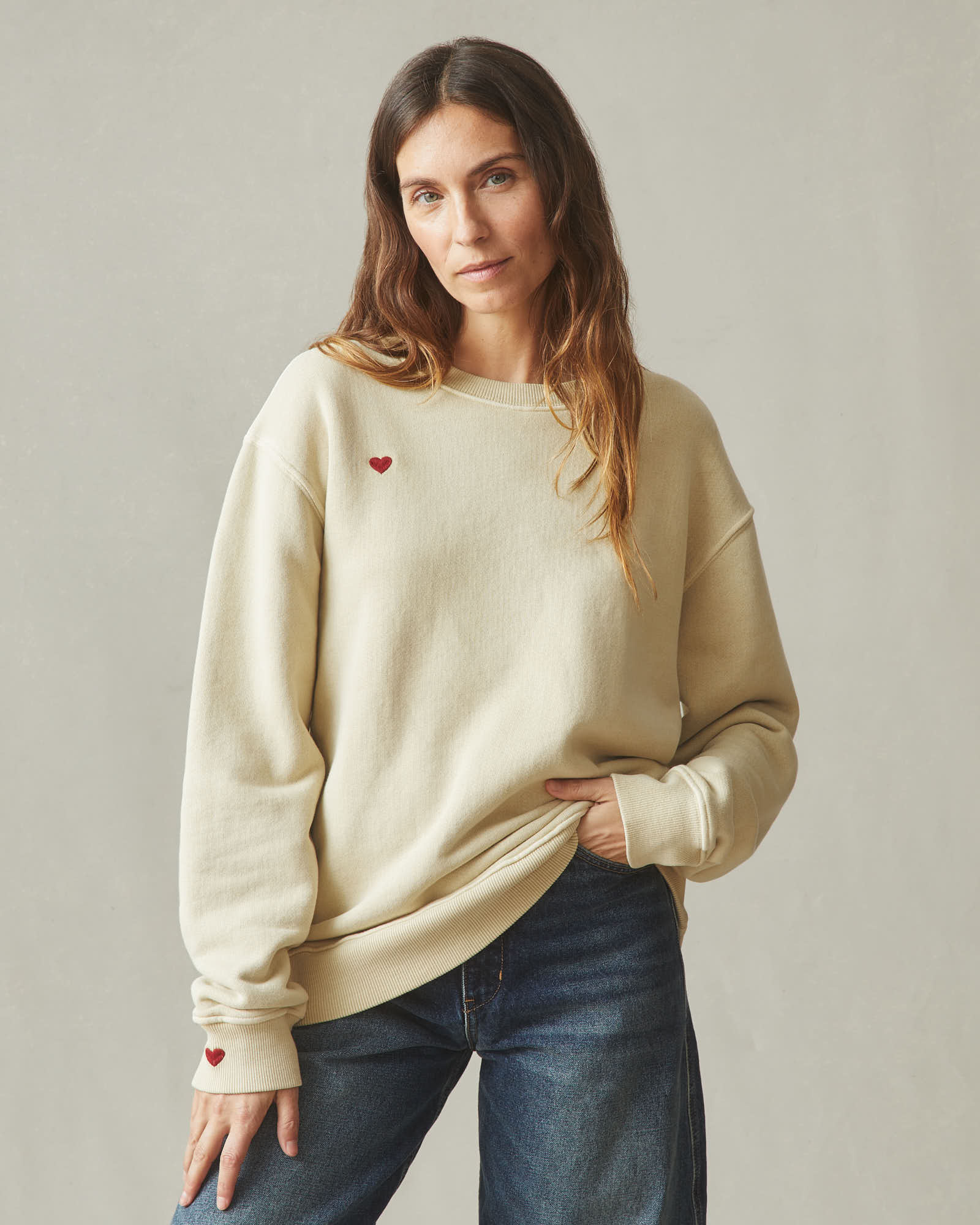 Unisex Relaxed French Terry Crew Sweatshirt - Valentine's Day - Pale Khakhi - Image 3