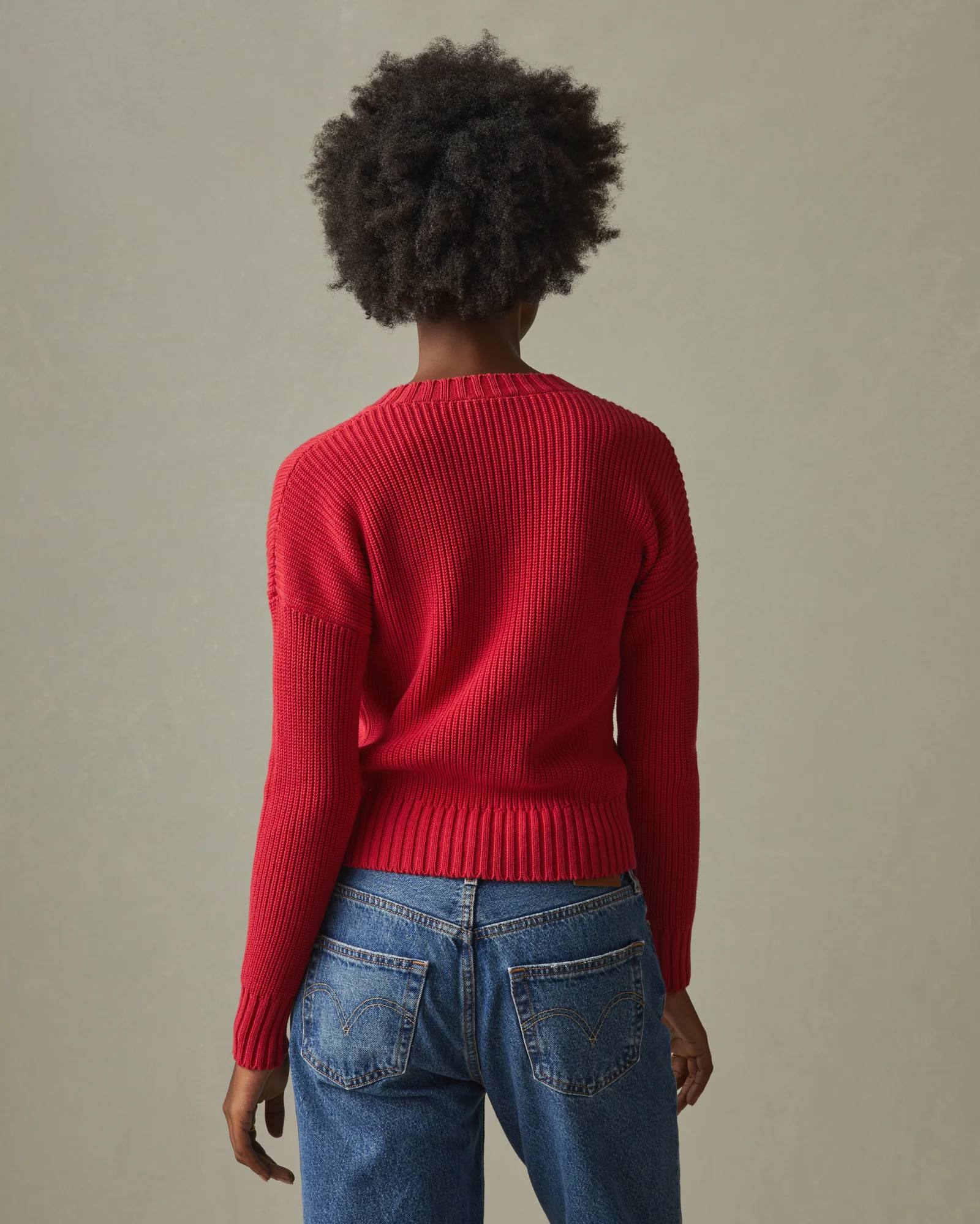 Women's Chunky Cotton V-Neck Sweater - Biking Red - Image 3