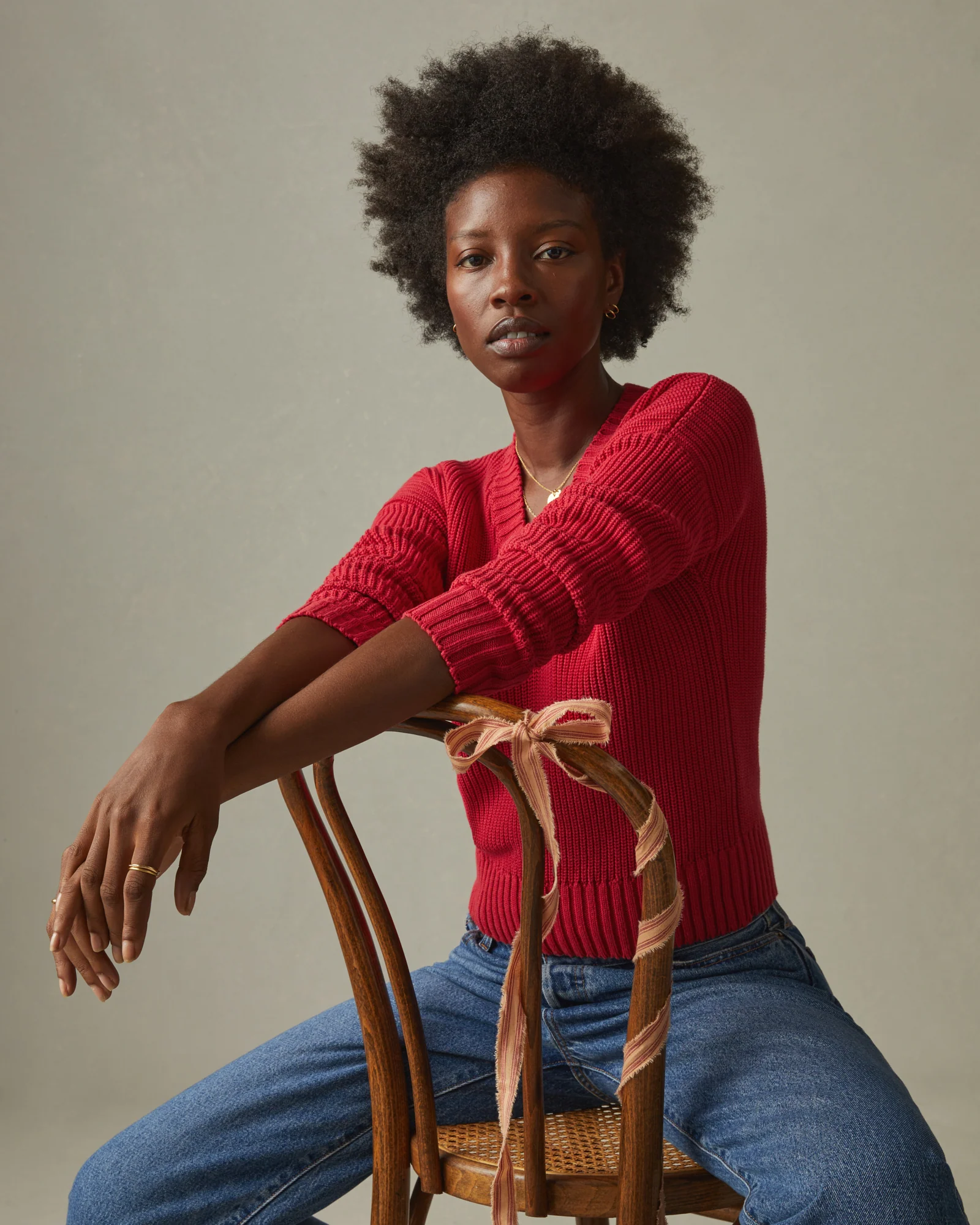 Women's Chunky Cotton V-Neck Sweater - Biking Red - Image 5