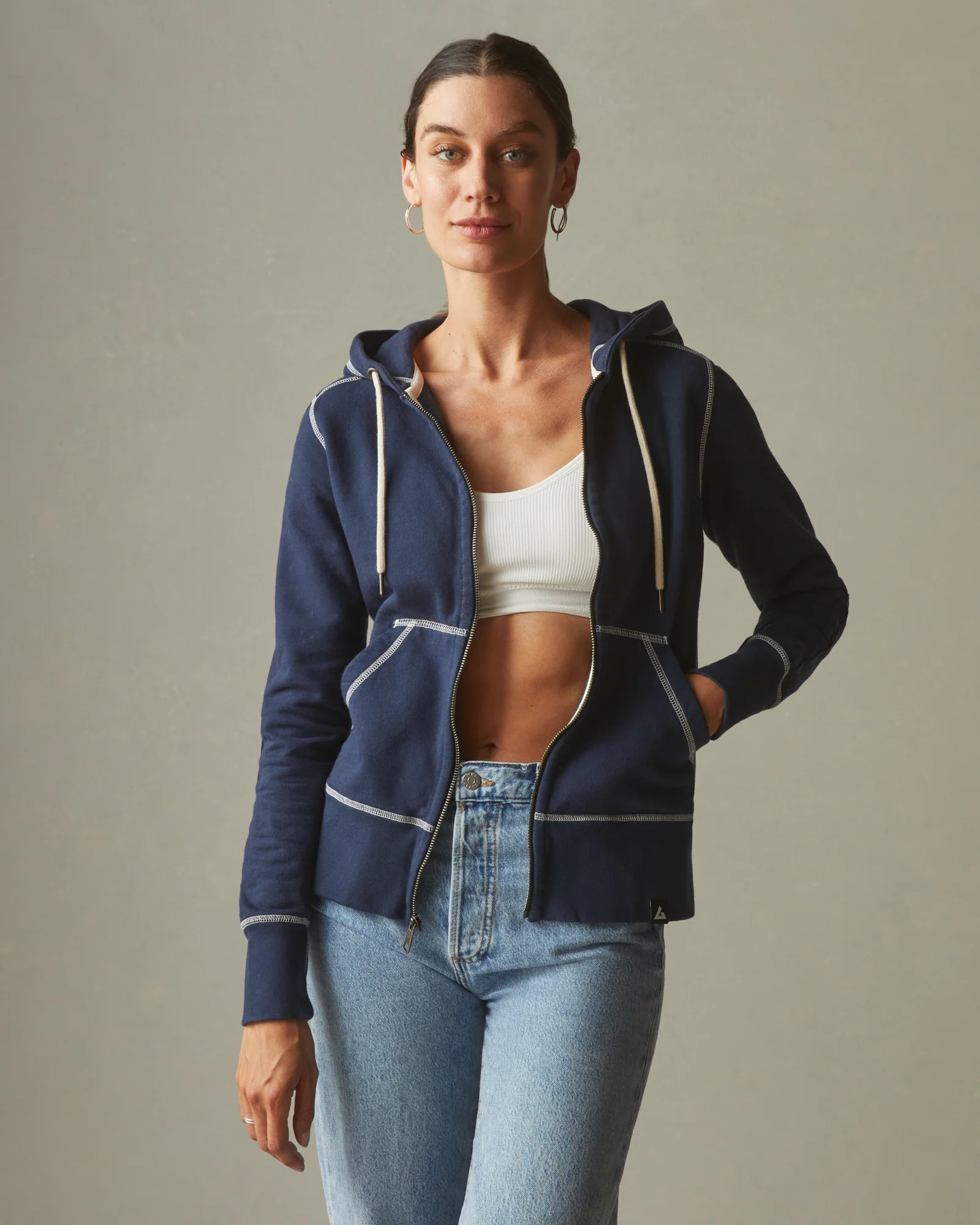 womens-classic-full-zip-contrast-stitch-oxford-blue - Image 2