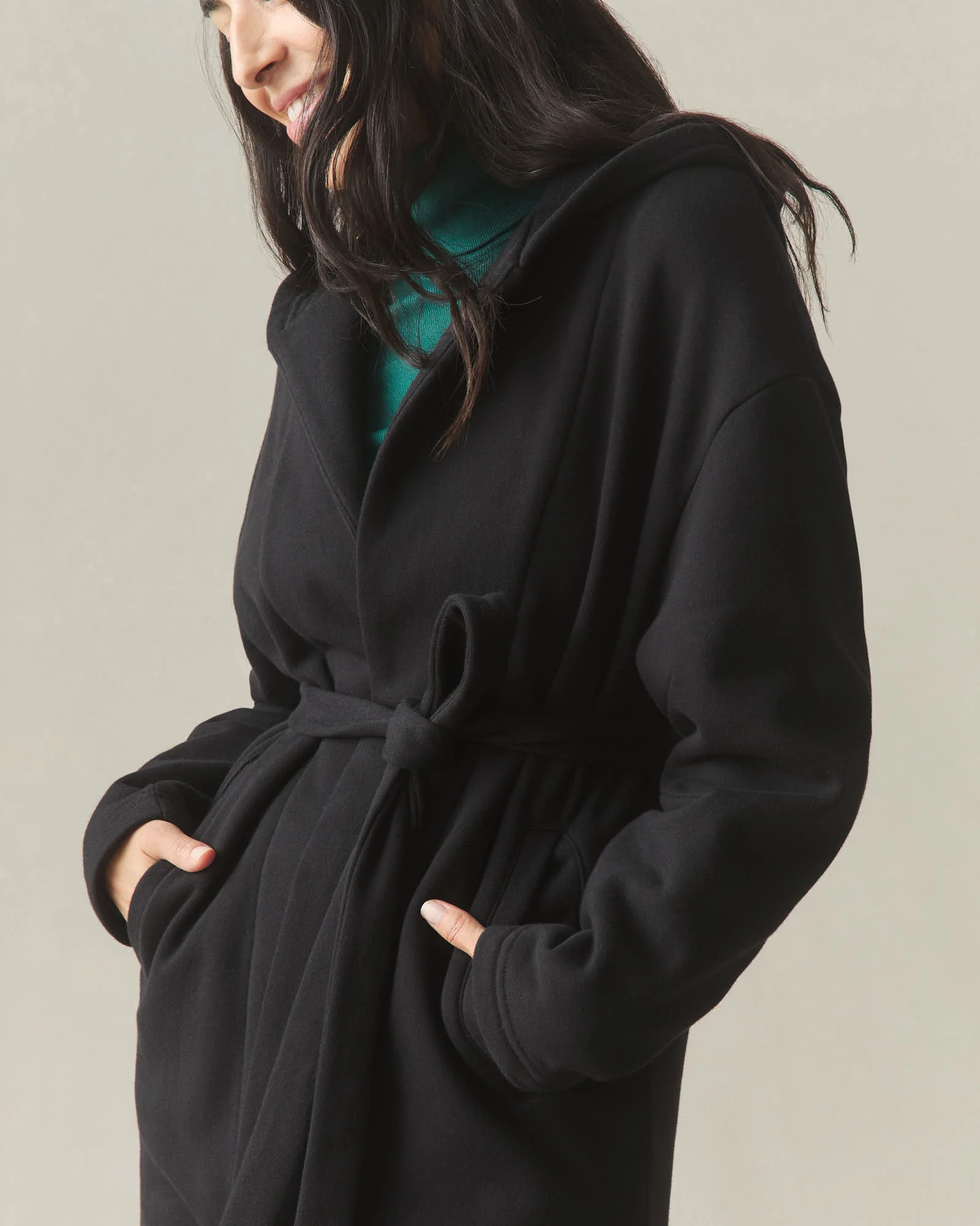 Women's Fleece Long Coat - Black - Image 6