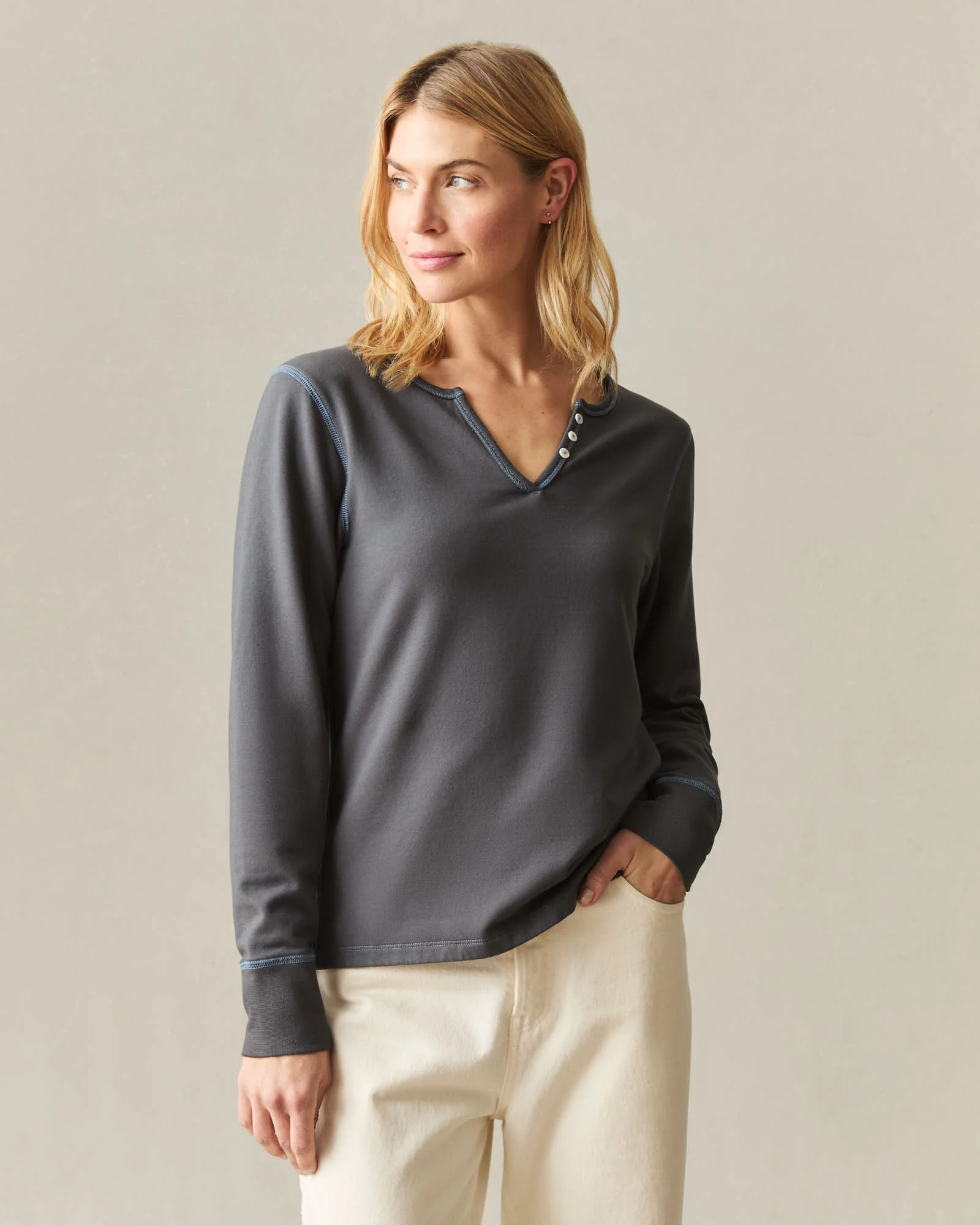 Women's Modal Fleece V-Notch Top - Grey Pinstripe - Image 2