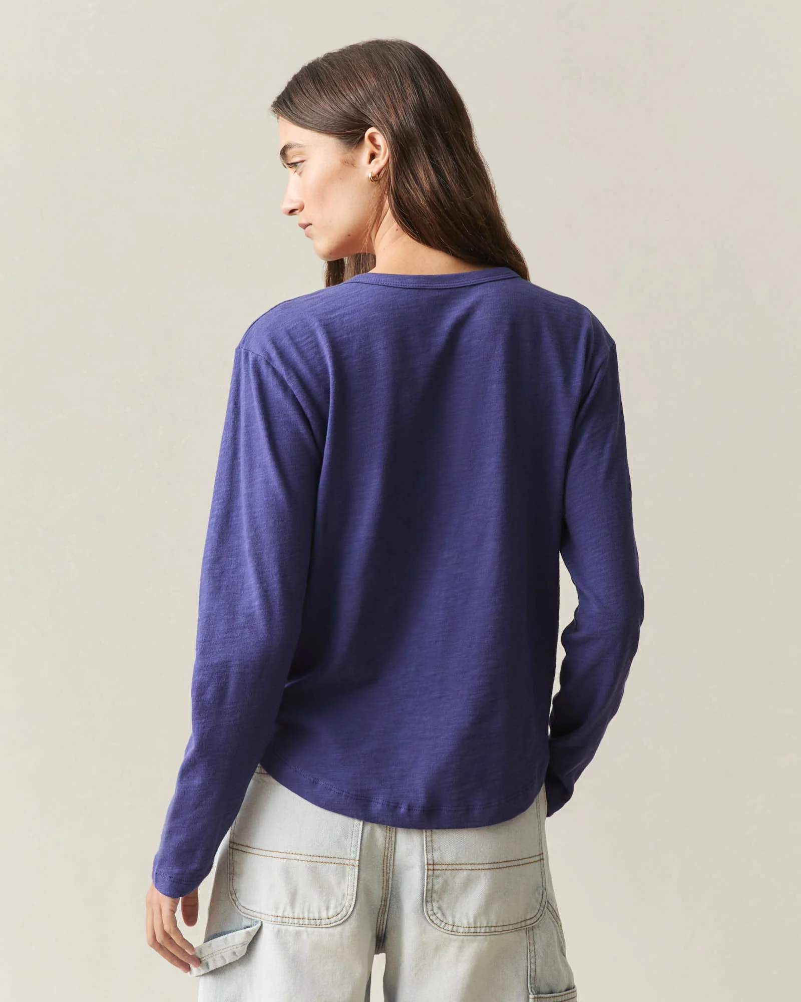 Women's Premium Slub Curved Hem Long Sleeve - Navy Blue - Image 4