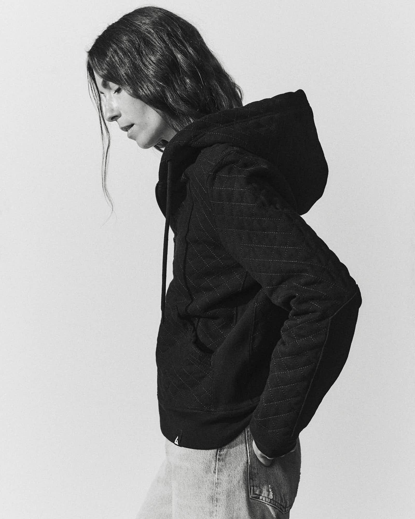 Women's Diamond Stitch Relaxed Classic Full Zip - Black - Image 2