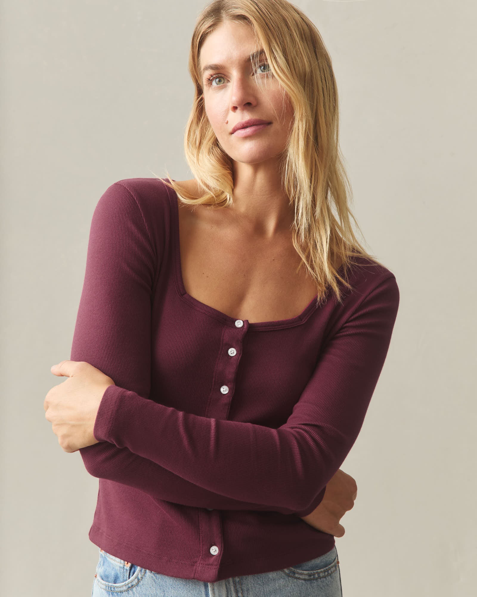 Women's Luxe Rib Square Neck Cardigan - Pomegranate - Image 4
