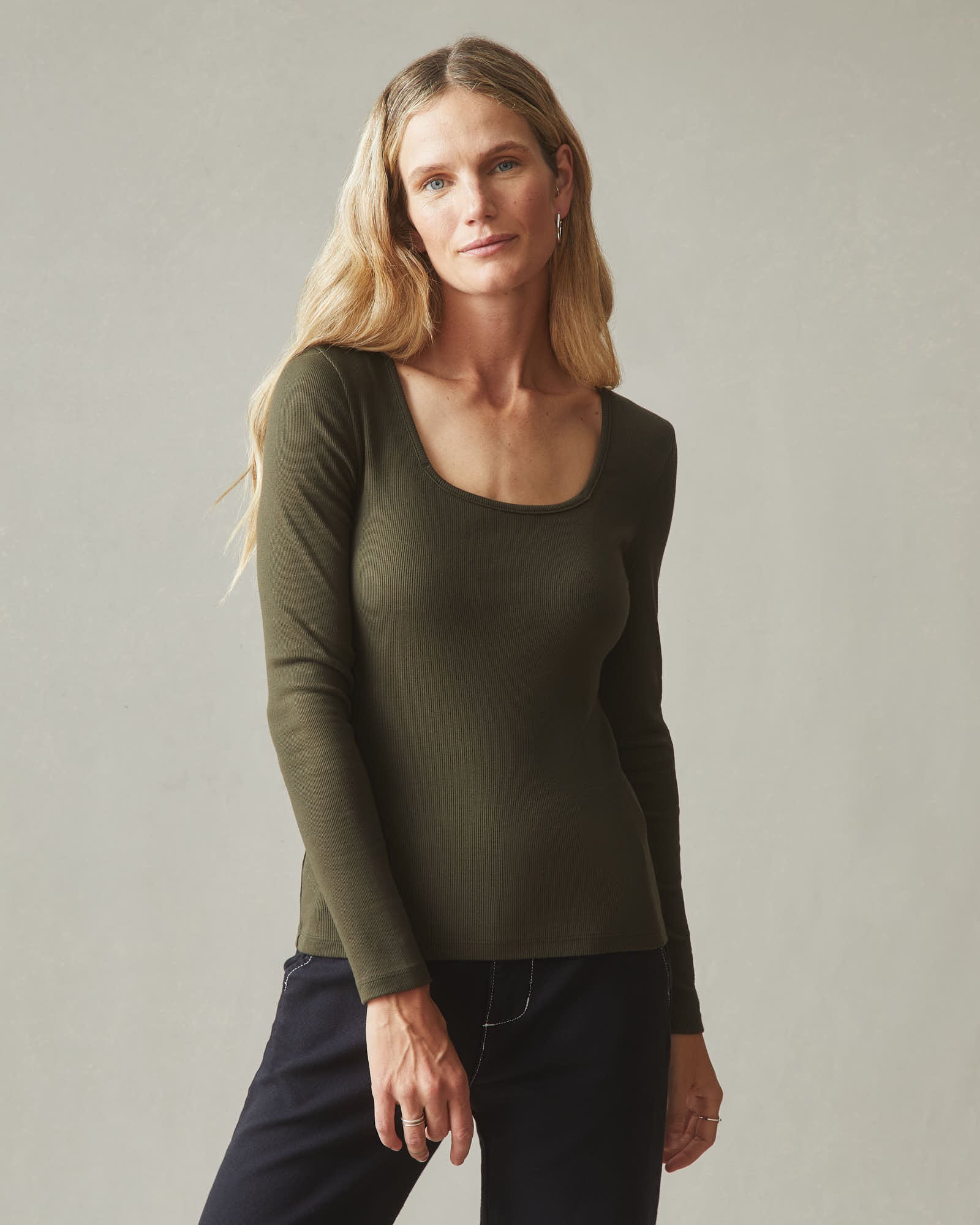 Women's Luxe Rib Square Neck Long Sleeve - Deep Olive - Image 2