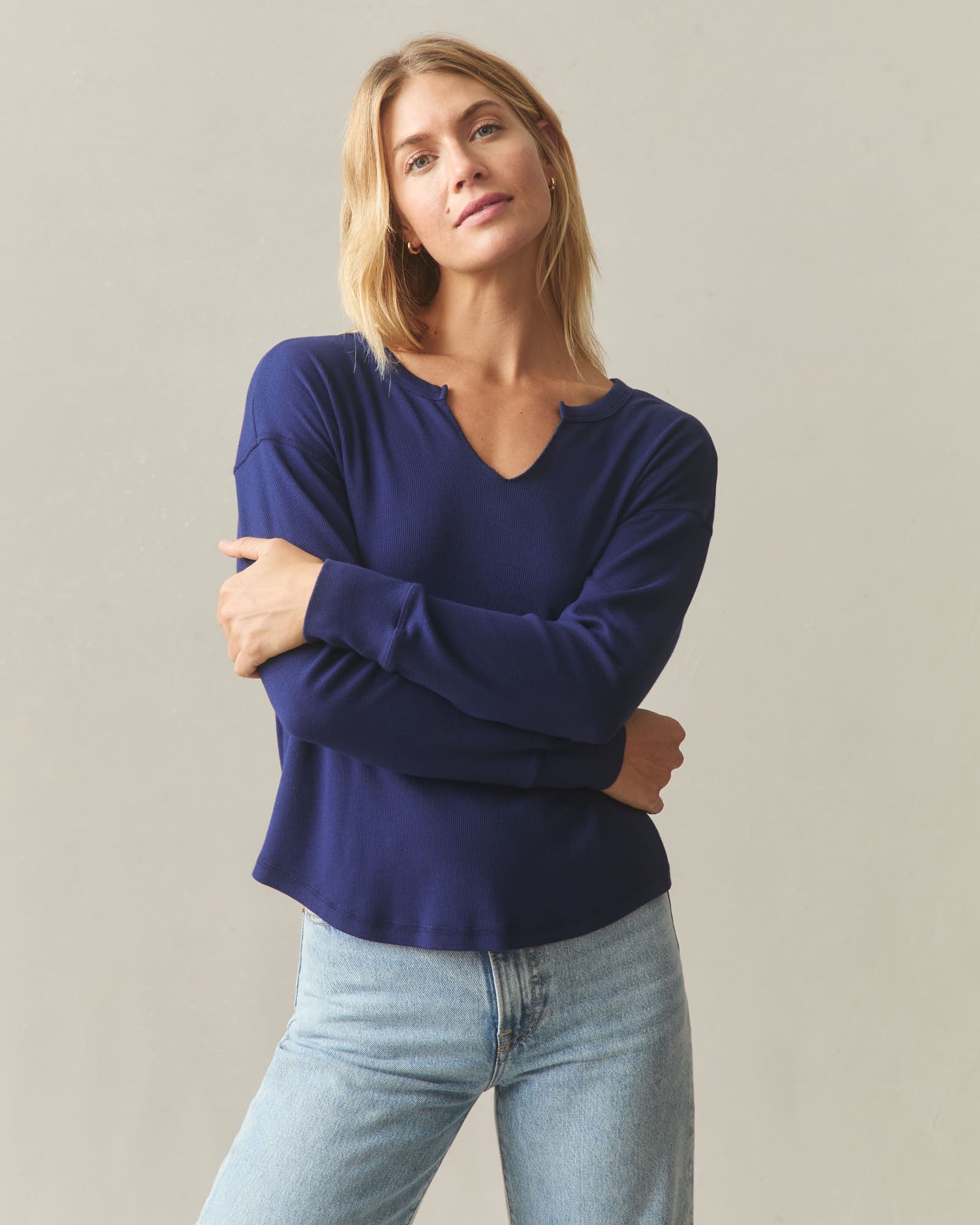 Women's Luxe Rib V-Notch Long Sleeve - Blueprint - Image 2