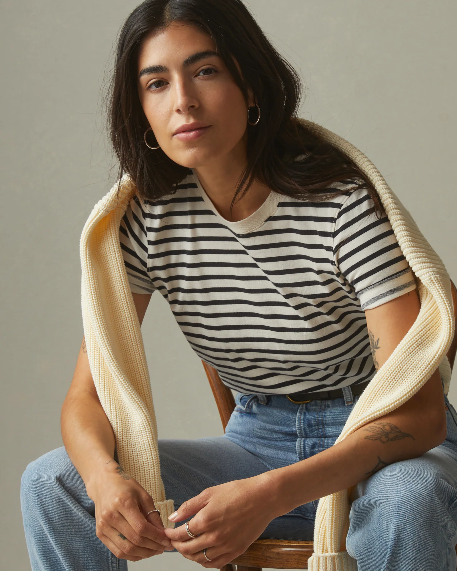 Women's Striped Classic Cotton Crew - Turtledove/Dark Navy - Image 5