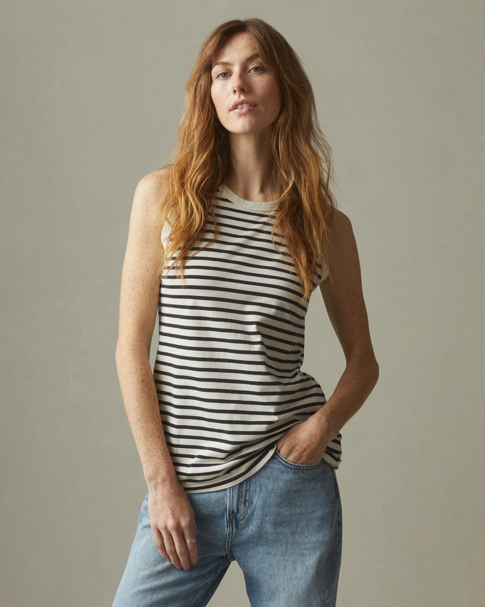 Women's Striped Classic Cotton Muscle Tank - Turtledove / Dark Navy