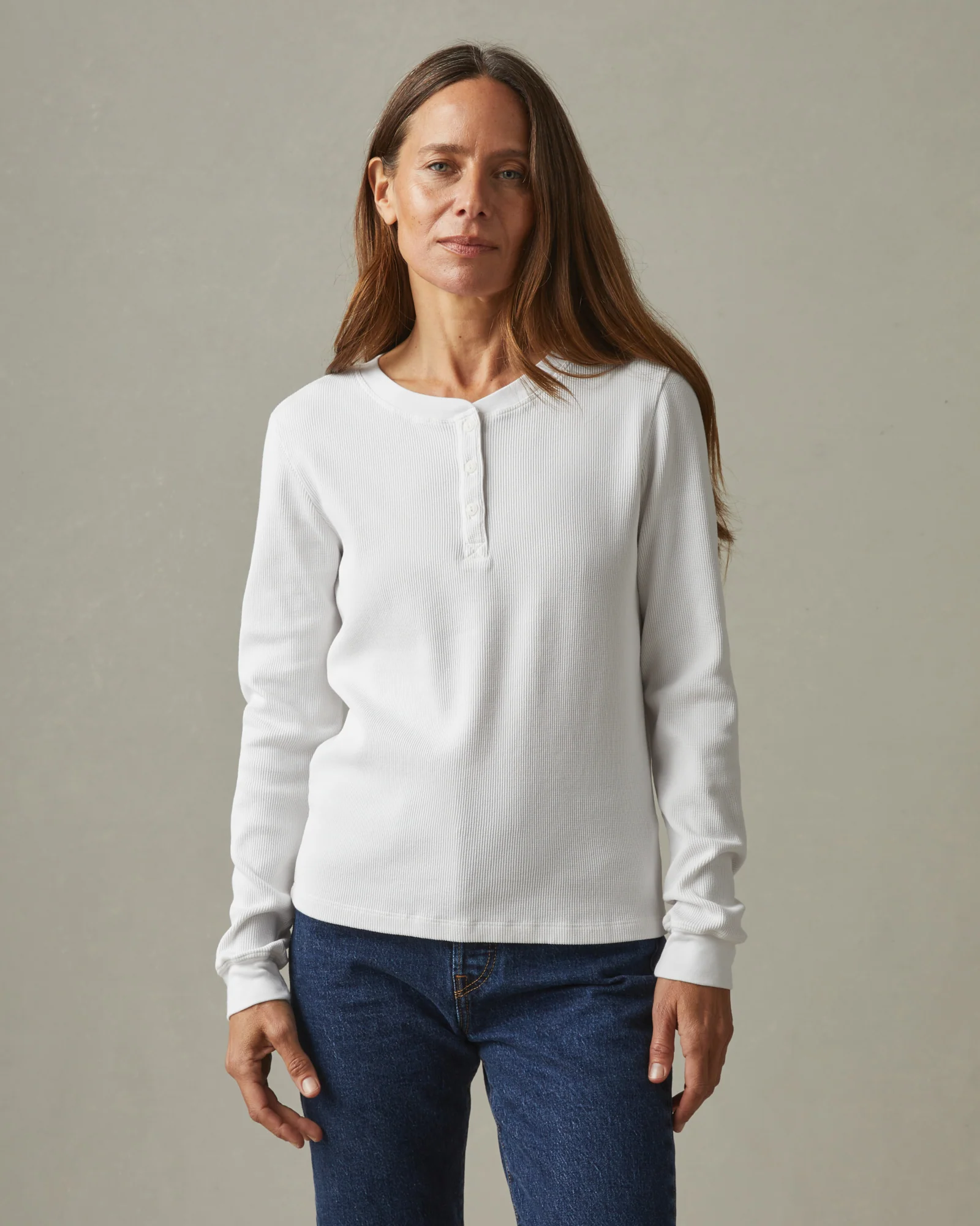Women's Waffle Henley - White