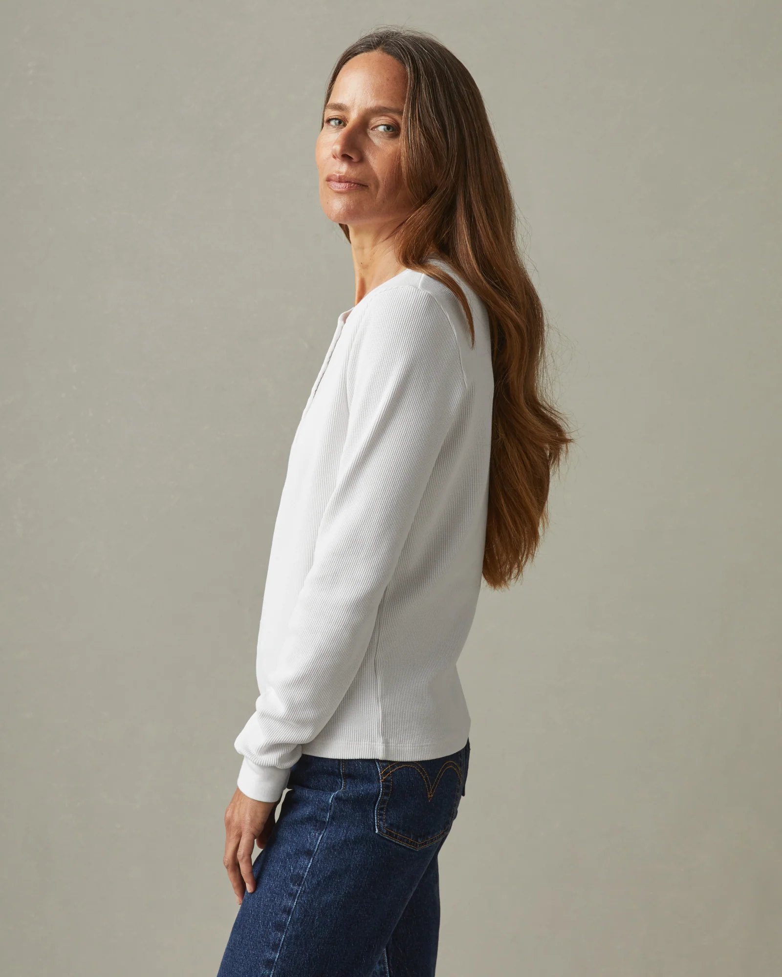 Women's Waffle Henley - White - Image 2